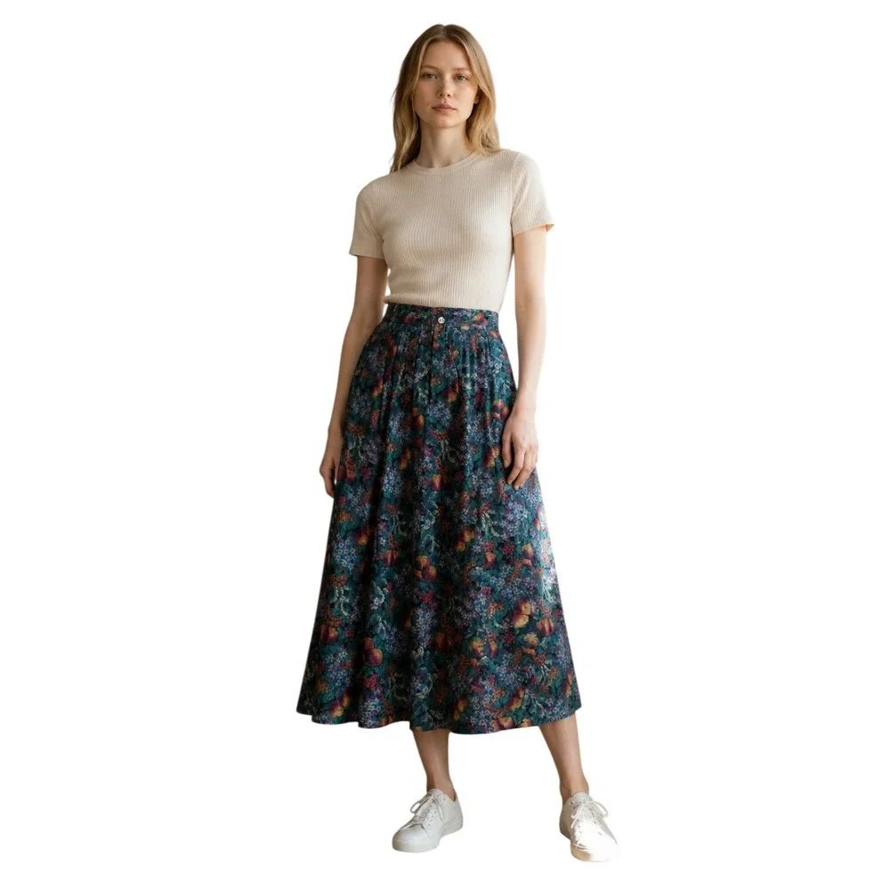 L.L. Bean Vintage Corduroy Floral Fruit Tapestry Midi Skirt Green Red 12 Petite